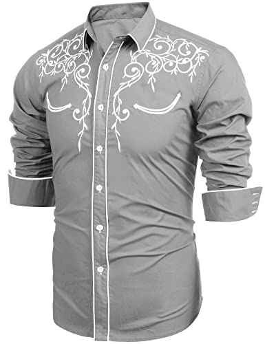JINIDU Herren Langarm Besticktes Hemd Slim Fit Casual Button Down Hemden 01-grau, Medium Cover
