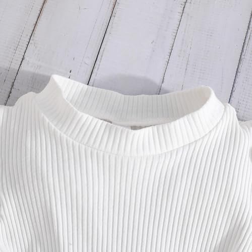 Image of Noubeau Toddler Girls Plaid Outfits Girls Puff Sleeve Knit Ribbed Shirt Tops Plaid Skirt Set Kids Fall Winter Clothes