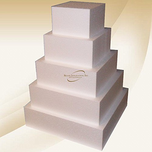 Square 4" Cake Dummy set - Set Of 5, Each 4" High By 6", 8", 10", 12", 14" Square - Perfect for wedding cakes, birthday cakes, display cakes, window displays, parties.