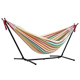 Vivere Double Cotton Hammock with Space Saving Steel Stand, Upgraded Polyester End Strings 450 lb Capacity - Premium Carry Bag Included - USA Grown Cotton (Salsa)
