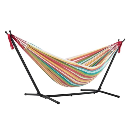 Vivere Double Cotton Hammock with Space Saving Steel Stand, Salsa (450 lb Capacity - Premium Carry Bag Included)