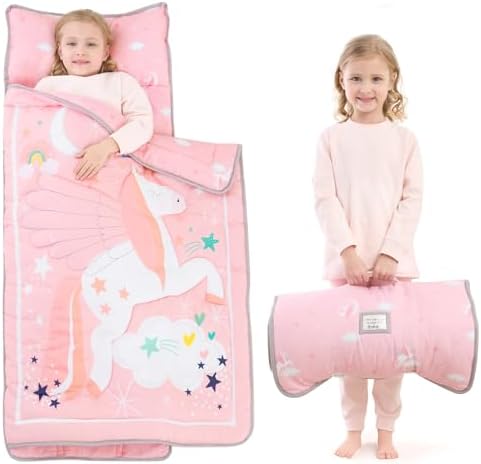 UOMNY Toddler Nap Mat - 1 Pack Girls Sleeping Bag with Removable Pillow - Unicorn 53x21Inch Kids Preschool Nap Sack with Pillow Pink Girls Napper Nap Mats for Daycare Napping Bag for Girls