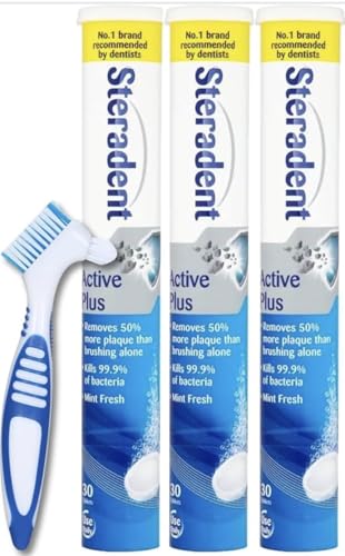 Blue Active Plus Denture Cleaning Tablets 3 Pack with Denture Brush | 90 Tablets (3 x 30) for 3 Month Supply | Daily Denture Cleaning Set for False Teeth Retainers Mouth Guards & Oral Appliances