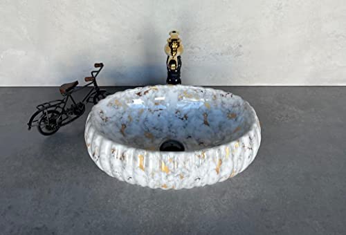 Image of Designer Glossy Finish Table Top Ceramic Wash Basin Vessel Sink | Collapsible Wash Basin (White-Gold - 20 x 14 x 5.5 Inch)