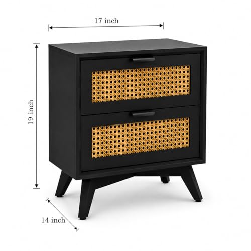Image of Bedside Table for Bedroom, Hotels | Wooden Bed Side Nightstand Lamp Table with 2 Drawers Storage | Solid Wood Side End Table for Living Room, Home | with Rattan Cane- Black Finish