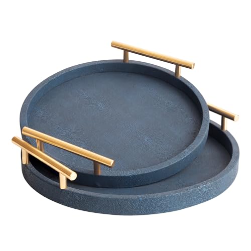 UPPER DECOR Modern Decorative Serving Tray, Round Shagreen Tray with Gold Polished Metal Handles, Decorative Trays Coffee Table Ottoman Trays for Living Room Bathroom Home Decor, Set of 2 (Blue)
