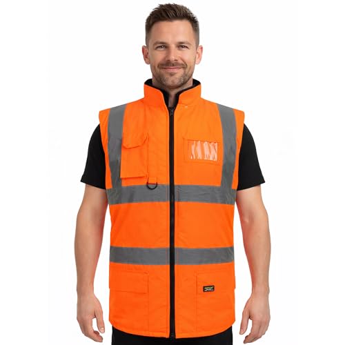 GUBA Hi Vis Body Warmer, Fleece Lined Reversible Gillet Jacket High Visibility Waterproof Workwear Safety Security Sleeveless Vest Warm Waistcoat Bodywarmers Plus Size (Orange-L)