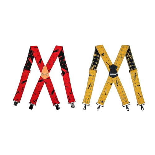 Image of MELOTOUGH Men's Suspenders Fully Elastic 2 inch Wide X back Heavy Duty Work Suspenders for Jeans (Red Hand Tools & Yellow Rule)