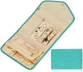 Jewellery Organizer Roll, Jewellery Storage Bag Portable Travel Jewellery Organiser, Foldable Lightweight Jewellery Storage Roll with Zipper for Necklaces, Rings, Watch, Earings, Bracelet-Green