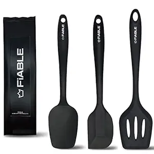FiABLE Premium Big Silicone Spatulas for Cooking - 1 Year Warranty - High Heat Resistant, Seamless Design-1 Big Spoonula, 1 Big Spatula, 1 Big Turner (Black)