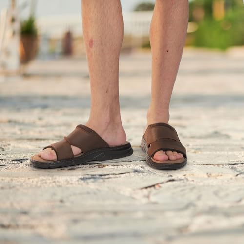 Image of riemot Mens Leather Sandals Memory Foam Footbed Summer Beach Sandal Indoor Outdoor Thick Sole Non-slip Lightweight Slides Brown EU43 /US10