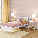 Max & Lily Mid-Century Modern Twin Panel Bed, Solid Wood Platform Bed Frame for Kids, White/Blonde Two-Tone, No Box Spring Required
