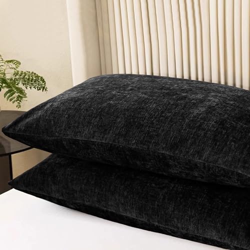 Image of CaliTime Throw Pillow Covers Decorative 20 X 26 Inches Pack of 2 Cozy Chenille Standard Pillow Shams Cases for Couch Sofa Bed Living Room Home Black