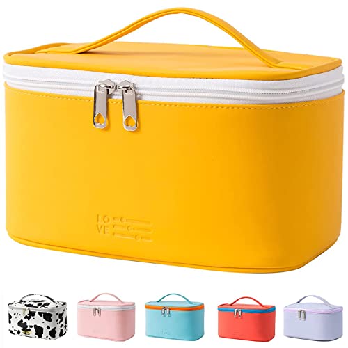 KITENROM Makeup Bag Portable Travel Cosmetic Bag with Brush Holder，Waterproof Make Up Bag For Women with Handle Yellow