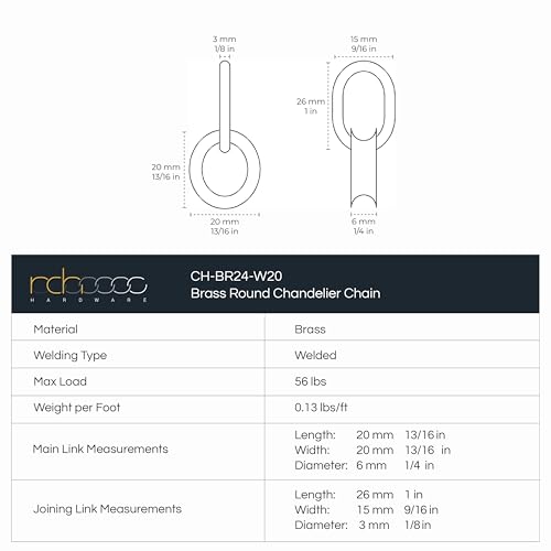 Image of RCH Hardware CH-24-AD-3 Decorative Solid Brass Chain for Hanging, Lighting-Round Welded Links (3 ft /1 Yard) (Acid Dipped)