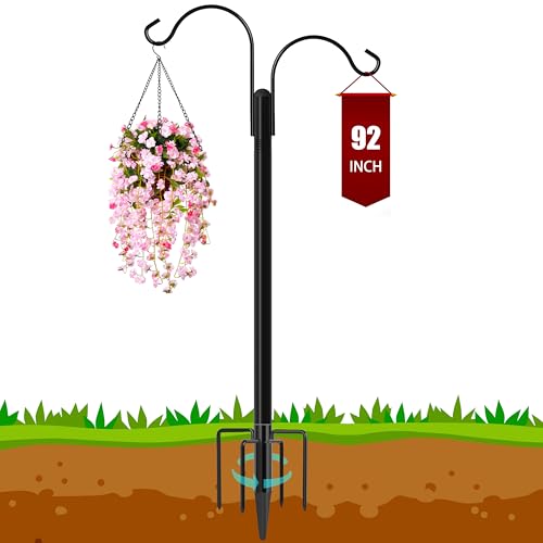 Ottsuls Double Shepherds Hooks for Outdoor, 92 Inch Bird Feeder Pole with 5 Prong Base, Upgrade 1 INCH Thick Heavy Duty Planter Hook for Hanging Baskets, Lantern,1 Pack