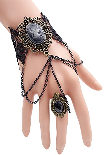 Eternity J. Vintage Black Lace Vampire Slave Chain Rhinestone Queen Victorian Gothic Bracelet Ring Set