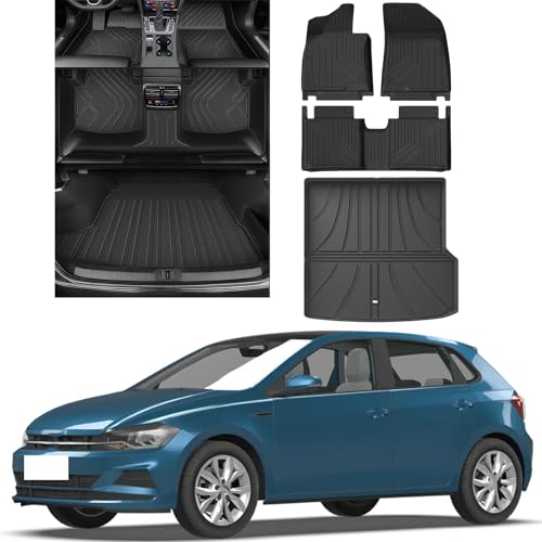 All Weather Floor Mats for VW Polo Plus 2019-2020-2021-2022-2023-2024,All Weather Floor Liner,TPE Waterproof Odorless Car Floor Mats Set,Heavy-Duty Floor Liners,Foot mat+Cargo Liner