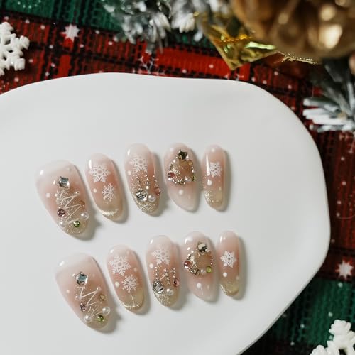 Tesytto Pink Press on Nails Medium Almond French Fake Nails with ...