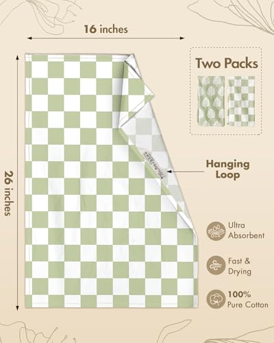 Image of Miss Adola 2 Pack Flour Sack Kitchen Towels - 16x26 Inch Cotton Dish Towels with Hanging Loop Reusable Geometric Boho Modern Retro Tea Towel Absorbent Dishcloths Home Decor, Green Leaf