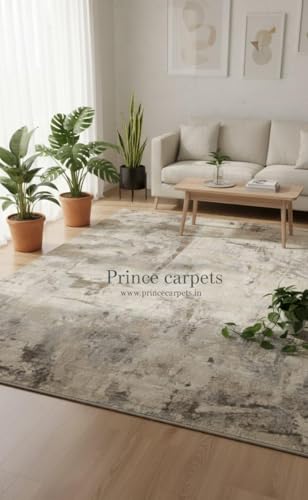 Image of 3x5 Feet (90x150 CM) Carpet for Bedroom Living Room & Hall - Beige Botanical Modern Abstract Geometric Silk-Touch Luxury Hotel-Style Washable Anti-Skid Turkish Area Rug