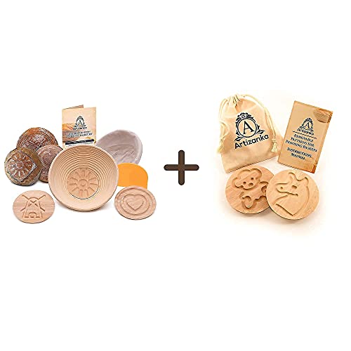 9 In Bread Proofing Basket Set With 4 Removable Design Inserts, Dough Scraper, Cloth Liner & Storage Bag For Wooden Designs - Gift For Bread Bakers By Artizanka #TOP22