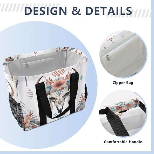 Retro Cow Skull Flower Large Beach Bag Waterproof Beach Tote Bags for Women Travel Gym Pool4