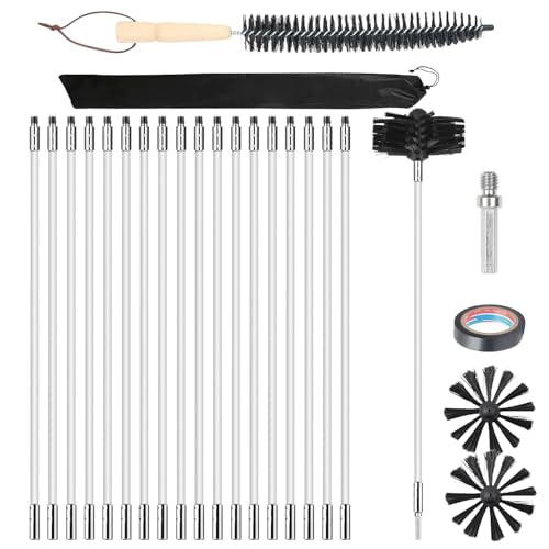 24 Pcs Chimney Cleaning Brush Kit, Duct Vent Cleaning Set with 2Pcs 6 Brush Head+18 Flexible Nylon Rods+Wood Long Brush+Storage Bag, for Fireplace, Dryer Vent, Sewage Pipe, Fume Hood