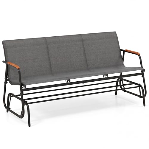Image of Giantex Patio Glider, 3-Person Swing Gliding Loveseat with Curved Teak Armrests, Fabric Seat, Metal Frame, Load 990lbs, Outdoor Rocking Chair for Porch, Yard, Poolside,Grey
