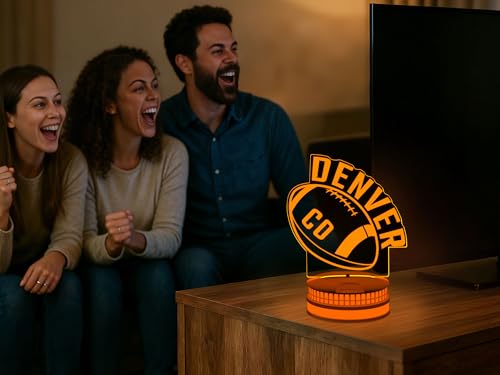 Image of CLORURBANLIVE 3D Football Denver Night Light 3D Illusion Lamp with Remote Control 16 Color Options Sports Decor Lighting for Fans - Multicoloured OneSize