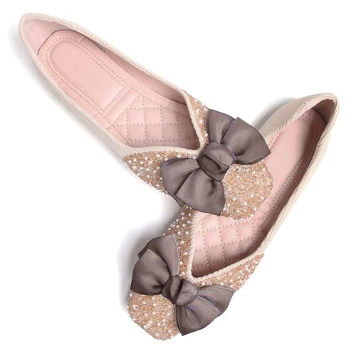 Image of SAILING LU Women's Rhinestone Square Toe Bowknots Ballet Flats Loafers
