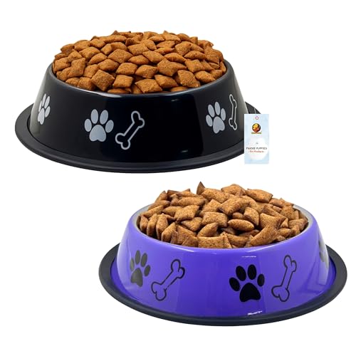 Image of Foodie Puppies Stainless Steel Dog Bowl Combo - (Medium, 700ml) Food and Water Feeding Gift Bowl | Suitable for Dogs, Cats and Other Pets I Paw Bone Print, Anti-Skid Rubber Base (Black + Purple)