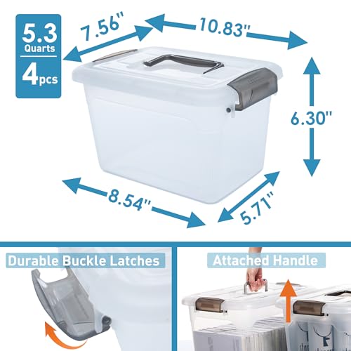 Citylife 4 Packs 6 QT Storage Bins with Lids Clear Plastic Bins with Grey Handle Stackable Storage Containers for Organizing