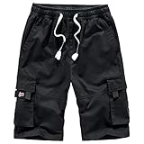 iCKER Mens Cargo Shorts Summer Casual Elastic Loose Fit Combat Work Shorts Cotton Multi Pocket Black