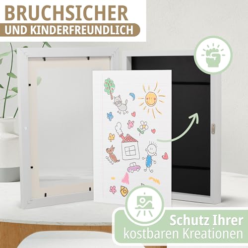 KIYARI Bilderrahmen Kinderzeichnungen A3 Weiß, Aufklappbar & Frontöffnung, für bis zu 150 Zeichnungen, Robustes Holz & bruchsicheres Glas, Ideal für Kunstprojekte, Kinderzimmer & Schule