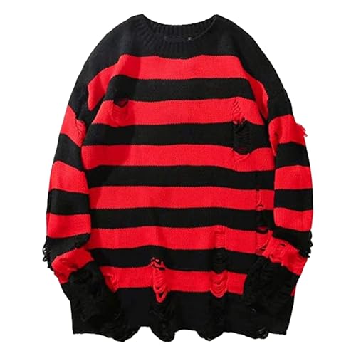 Suéter de Rayas de Gran tamaño para Hombre, Jersey Punto con Agujeros Rasgados, suéteres Rayas Manga Larga, Ropa Moda otoño e Invierno