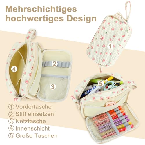 LEDAOU Trousse à crayons, grande capacité, avec fermeture éclair, fournitures scolaires pour adolescentes et filles, Petites fleurs beiges, Trousse d'écolier – vue 4