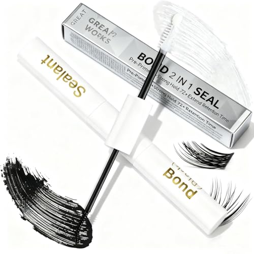 Great Works Lash Bond and Seal Waterproof Lash Glue Long Lasting Up to 10 Days Strong Hold Eyelash Glue For Clusters 2 In 1 DIY & Home Use (5ml+5ml)