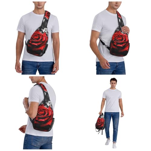 Bolso Sling Black White and Red Roses para Senderismo y Uso Diario miniatura 6