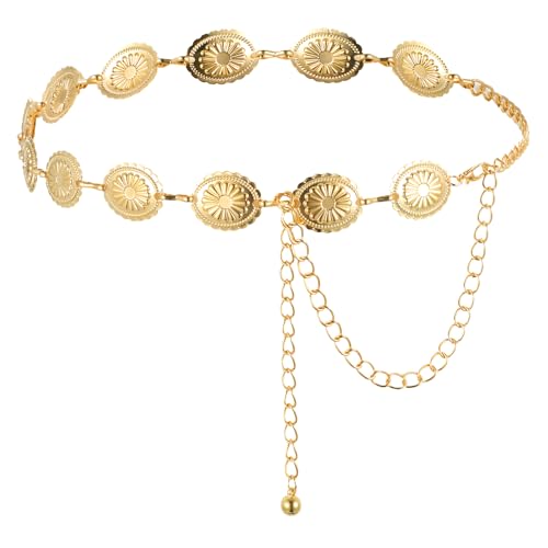 Western Belt for Women, Conchos Gold Belt Chain Hollow out Daisy Boho Cowgirl Waist Chain Belts Adjustable Metal Link for Women Dresses Jeans (47.24 Inches)