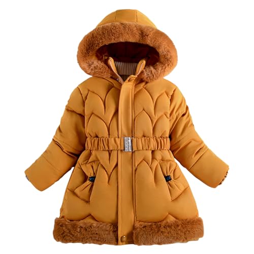 semen Kids Girls Winter Warm Fleece Lined Faux Fur Hooded Jackets Full Zip Up Outerwear School Dress Coats with Belt for Age 5-12 Years
