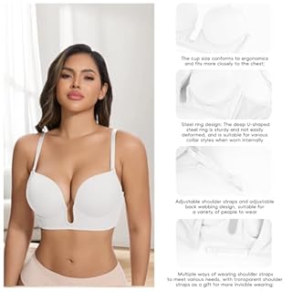 JOYSHAPER Backless Bra for Women Dress Low Cut Dress Bras Smoothing Deep Plunge Bras Clear Straps Shelf Bra White M