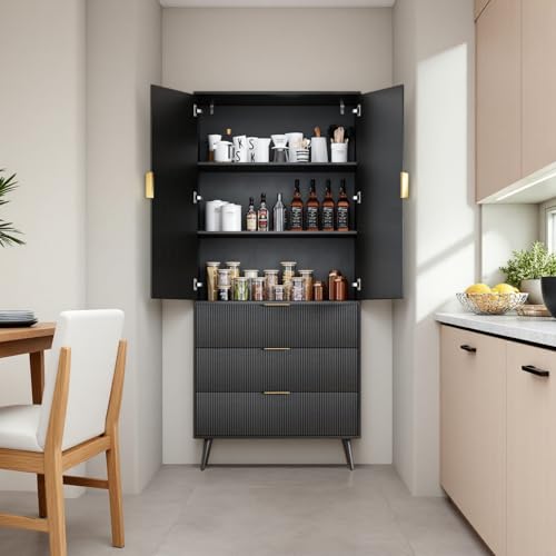 Image of Fluted Tall Cabinet, Kitchen Pantry Cabinet with Adjustable Shelves, Wood Cupboard with 3 Drawers 2 Doors, Mid Century Modern Cabinet for Living Room Dining Room Entryway Office, Black