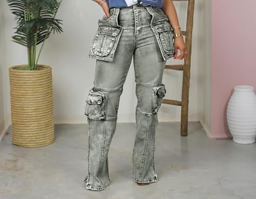 Women's Novelty Stretch Cargo Jeans Fashion Zip Side Slit High Waist Denim Jeans Y2K Streetwear Jeans Pants3