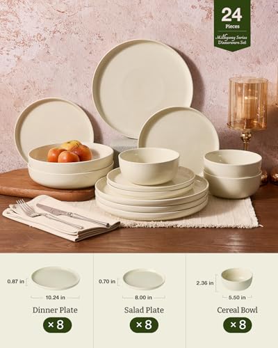 Image of Famiware Milkyway Stoneware Dinnerware Set, 24-Piece, Plates and Bowls for Everyday & Formal Dining, Service for 8, Microwave and Dishwasher Safe, Scratch-Resistant, Almond Milk
