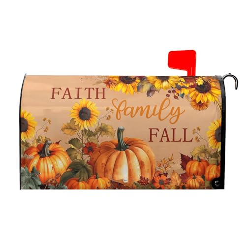 Image of Fall Mailbox Covers Magnetic Standard Size 18X21 Inch Autumn Harvest Pumpkin Decorative Mailbox Covers Magnetic Thanksgiving Maple Leaf Mailbox Post Cover Mailbox Wraps Decor for Home Garden Yard