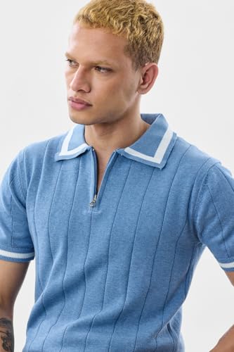 Image of SNITCH Men's Polo Shirt | Textured Knit Design with Half-Zip Closure | 100% Cotton Fabric for Breathable Comfort | Casual Wear with Reinforced Shoulder Panels