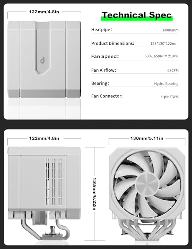 upHere gaming up2T6 White CPU Air Cooler, Dual-Tower 6×Ф6mm Heatpipes CPU Cooler, PWM 120mm Fan PC Cooler, TDP 265W, Intel LGA 1851/1700/2011/2066(X79/X99), AMD AM5/AM4 - Image 8
