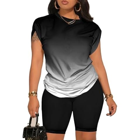 PINSV Women 2 Piece Outfits Summer Sweatsuits Track Suits Biker Short Workout Jogger Sets Black Gradient L Cover