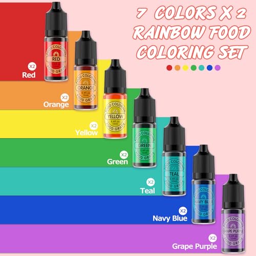 Image of Food Coloring Set for Cake Decorating Rainbow Edible Food Dye for Halloween Baking Royal Icing Cookie Supplies Gluten Free 14x12ml Food Grade Liquid Food Color Kit, 0.4 Fl. Oz /Bottles